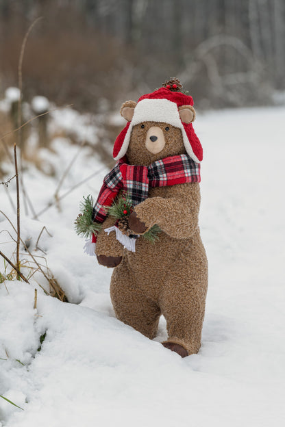 Bear +Beanie Polyester Brown/Christmas Red