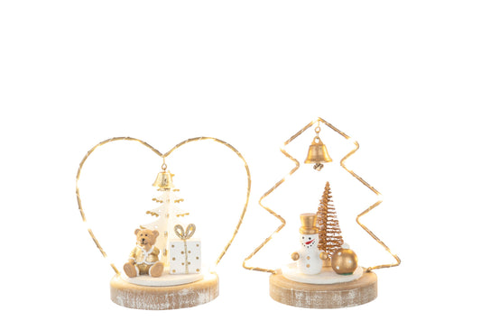 Bear + Snowman LED Tree + Heart Plywood White/Gold Colored Assortment Of 2