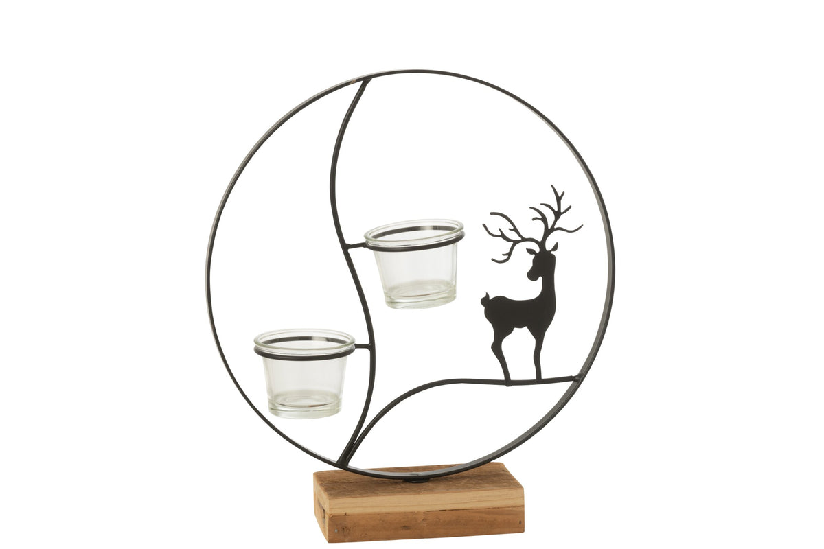 Theelichthouder Rendier Rond Hout Zwart/Naturel