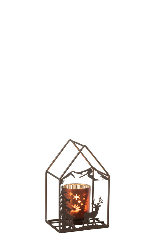 Theelichthouder Huis 1 Glas Ijzer Roestbruin/Bruin