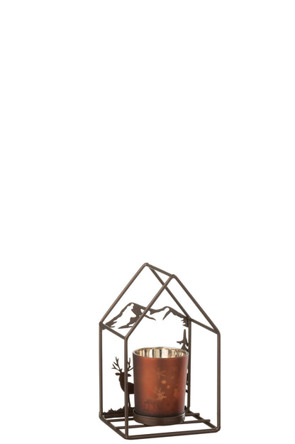 Theelichthouder Huis 1 Glas Ijzer Roestbruin/Bruin