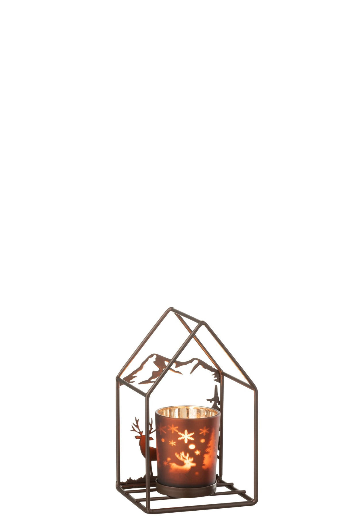 Theelichthouder Huis 1 Glas Ijzer Roestbruin/Bruin