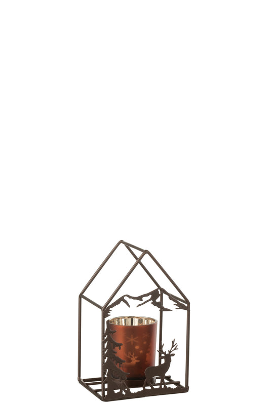 Theelichthouder Huis 1 Glas Ijzer Roestbruin/Bruin