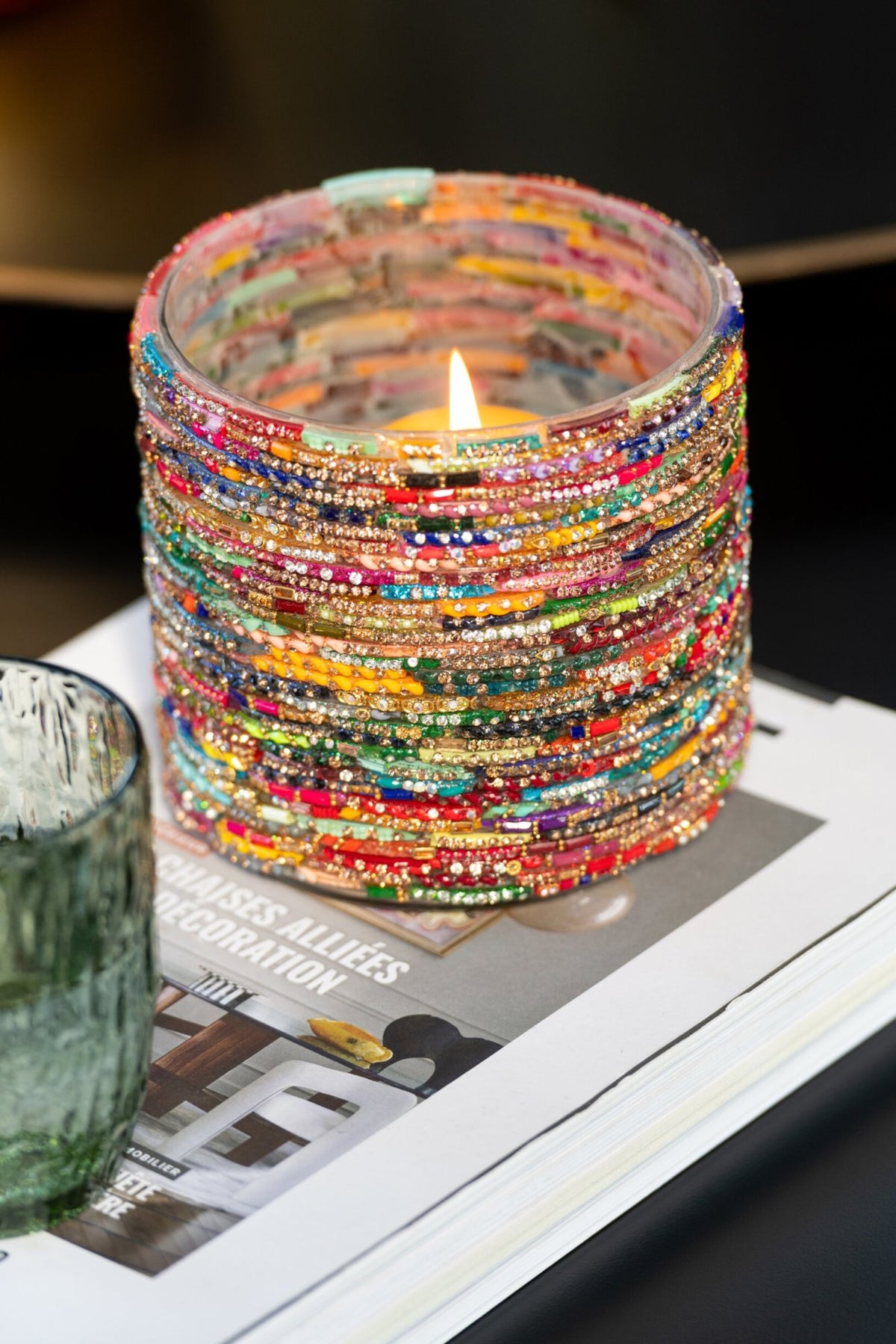 Kaarshouder Kralen Glas Roze/Goudkleurig Medium