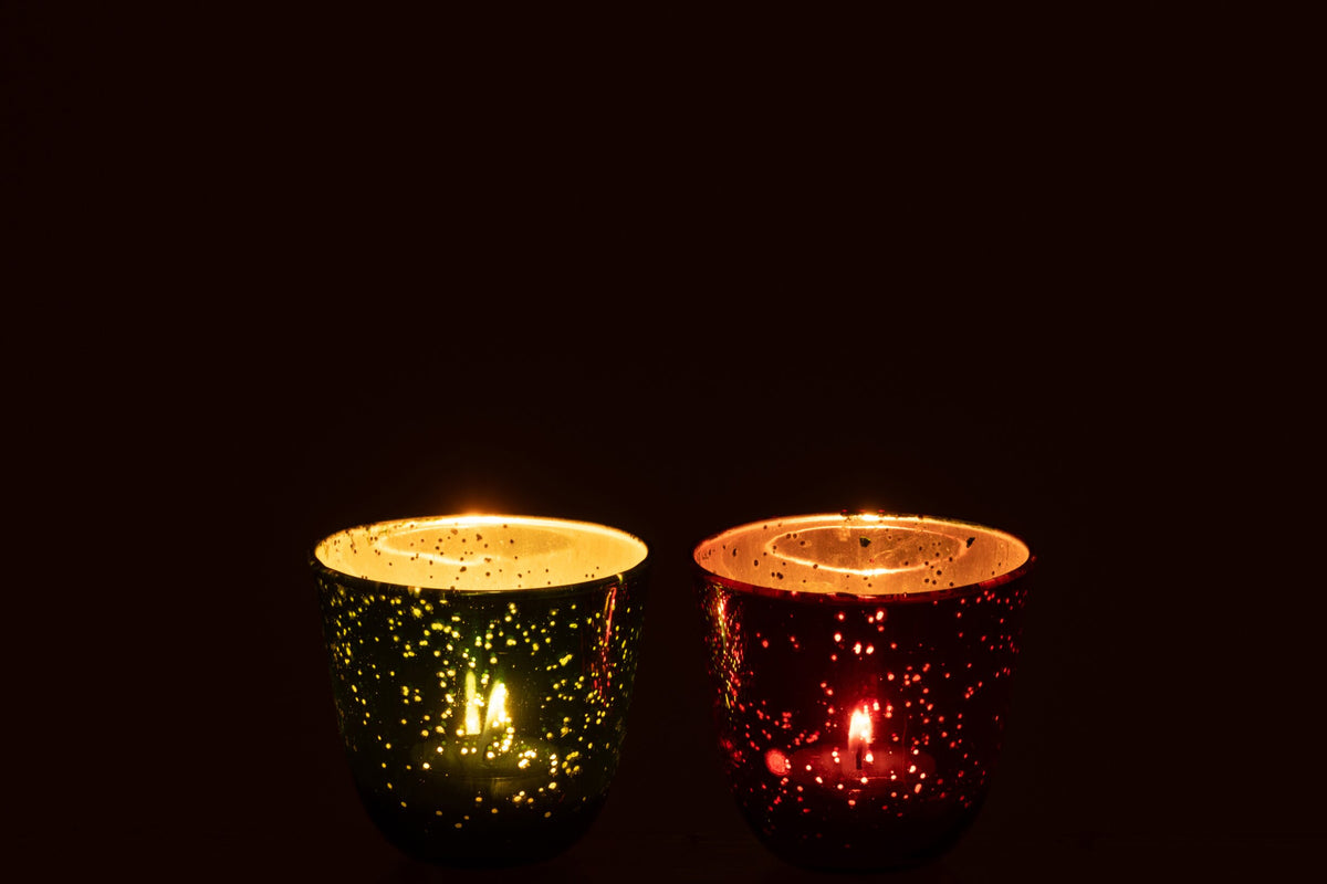 Theelichthouder Glas Rood/Groen Assortiment Van 2