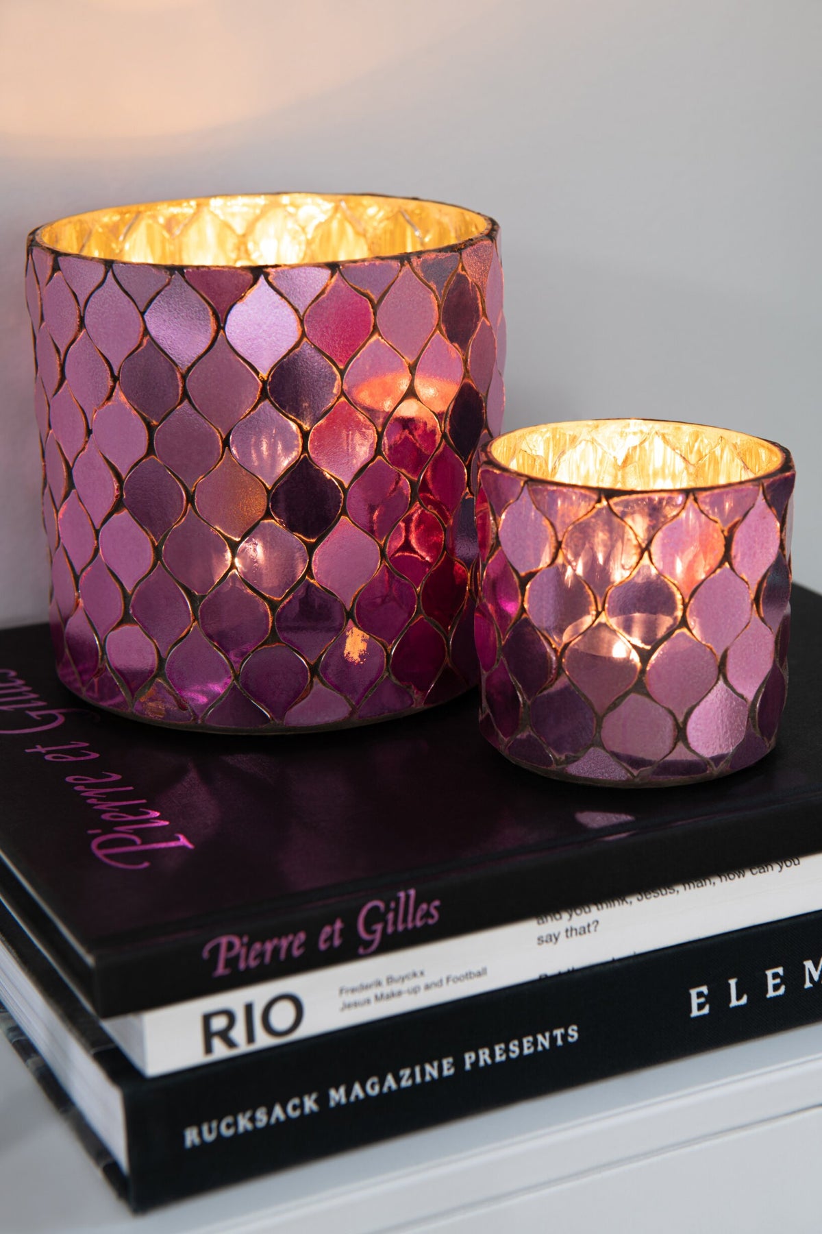 Theelichthouder Cilinder Mozaïek Glas Fuchsia