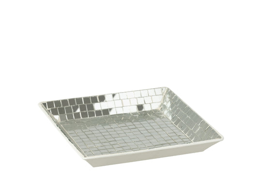 Decorative Tray Square Mosaic Glass Silver Colored