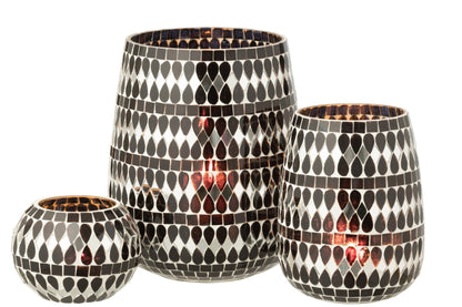 Theelichthouder Mozaïek Glas Zwart/Zilverkleurig Large