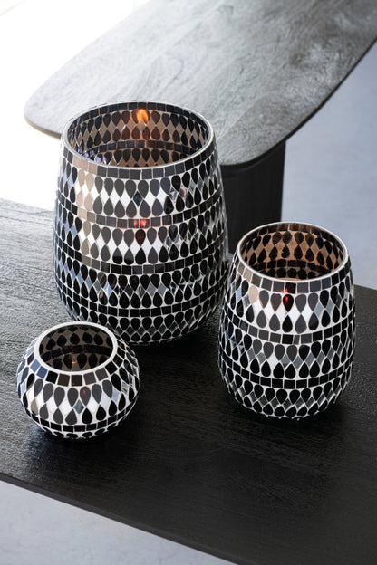 Theelichthouder Mozaïek Glas Zwart/Zilverkleurig Large