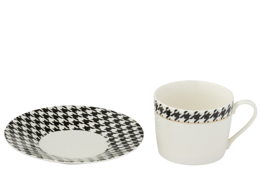 Set van 4 koffiekop + schotel Pied-de-poule porselein wit/zwart