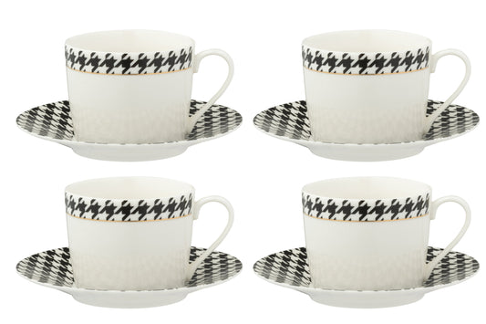 Set van 4 koffiekop + schotel Pied-de-poule porselein wit/zwart