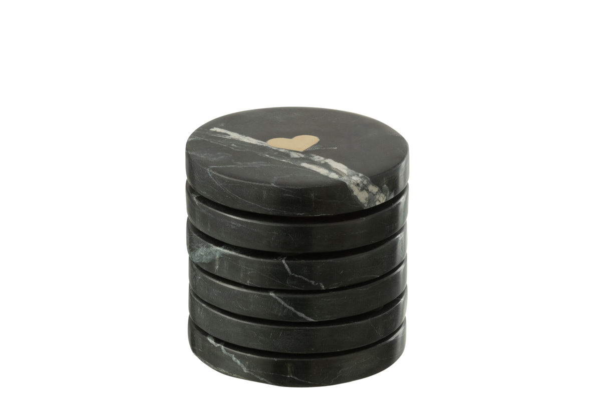 Set van 6 onderzetter hart marmer zwart/goudkleurig