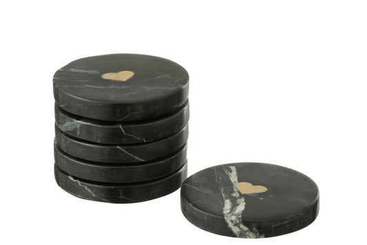 Set van 6 onderzetter hart marmer zwart/goudkleurig