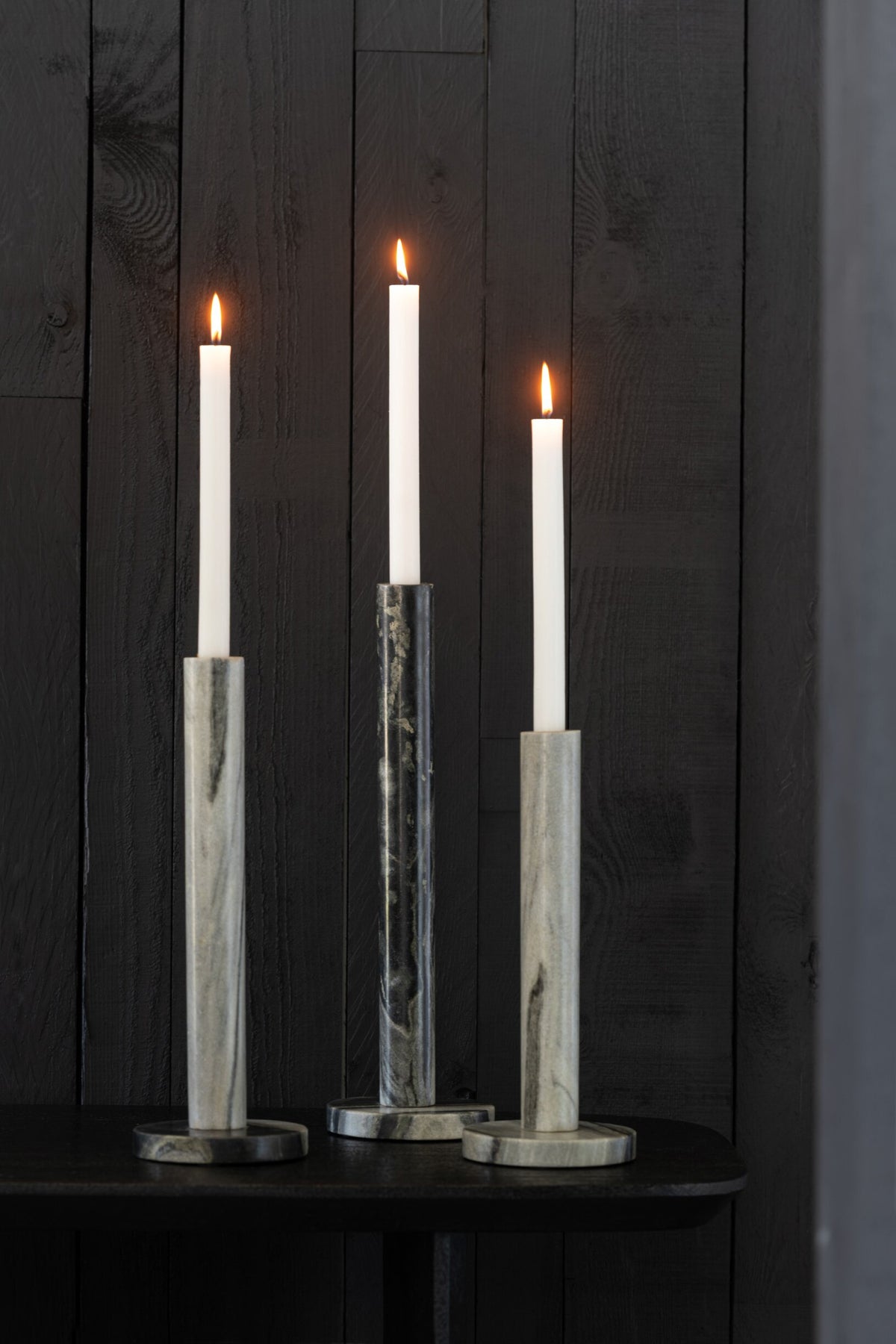 Set Van 3 Kaarshouder Marmer Zwart/Lichtgrijs
