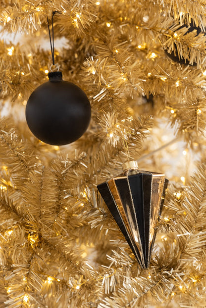 Box Of 4 Christmas Bauble Diamond Striped Glass Gold Colored/Black