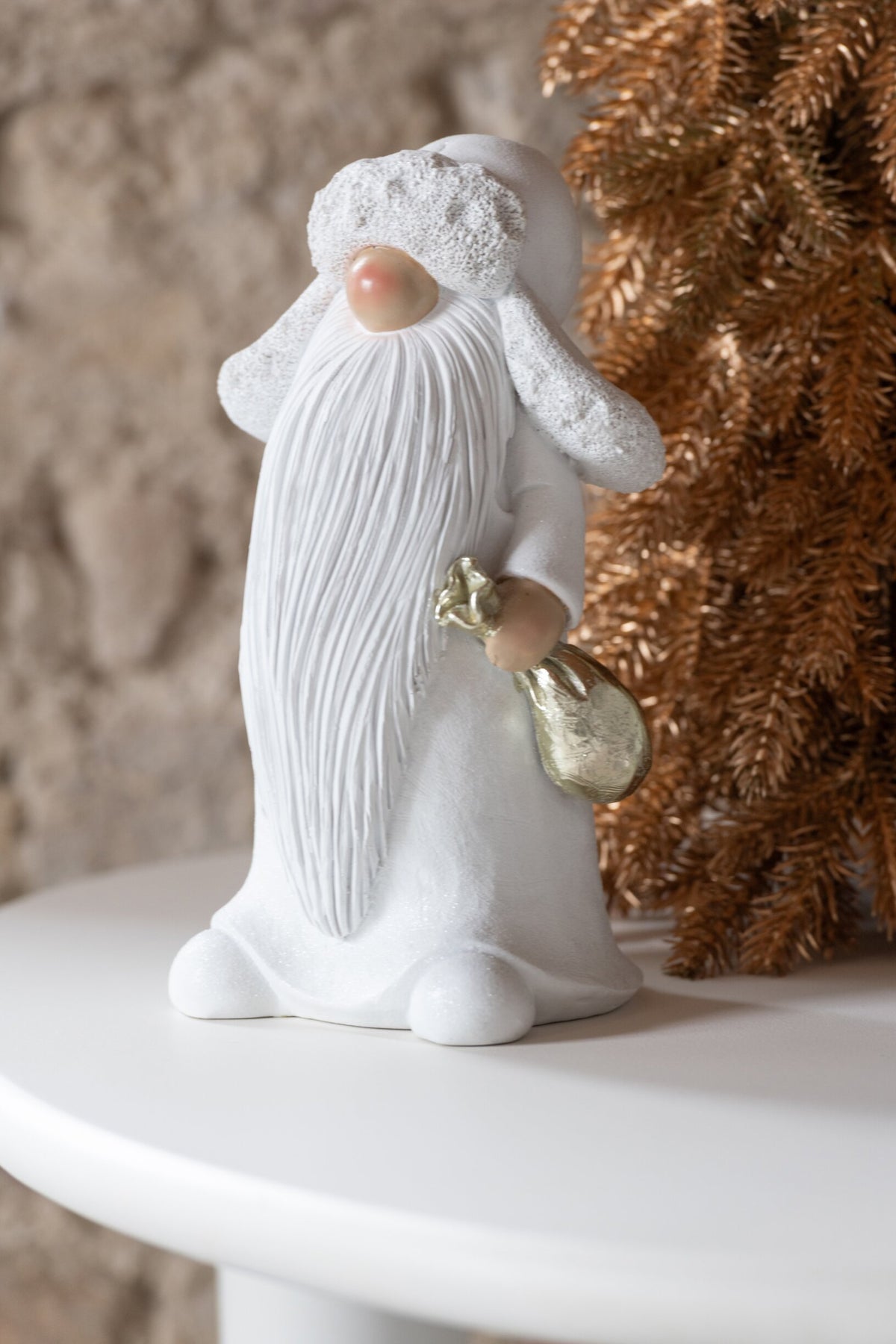 Santa Claus Tree + Bag Polyresin White/Gold Large Assortment Of 2
