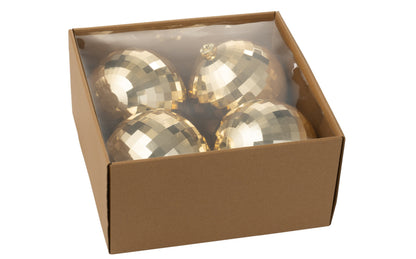 Box Of 4 Christmas Bauble Disco Plastic Gold Colored