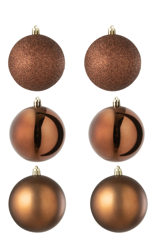 Box Of 6 Christmas Bauble Plastic Dark Brown