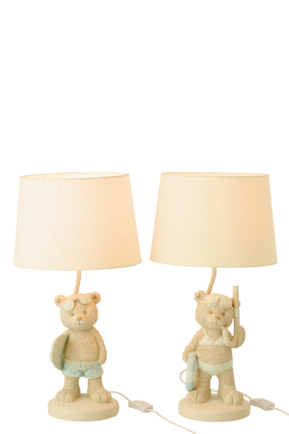 Table lamp bear beach girl/boy polyresin beige/light blue assortment of 2
