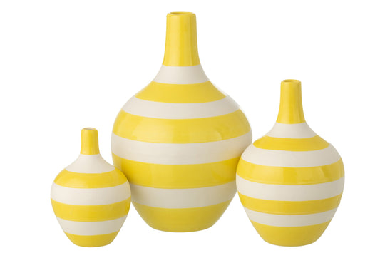 Set Of 3 Vase Striped Porcelain White/Yellow