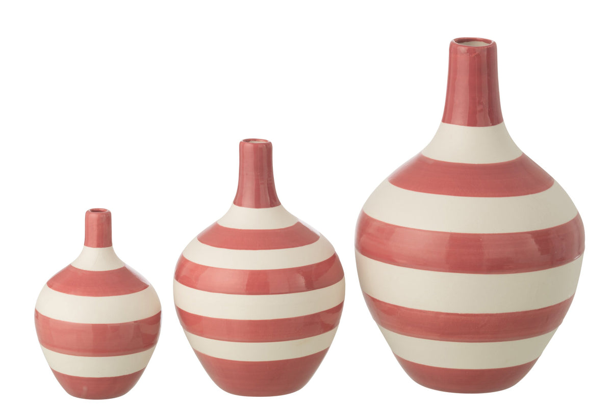 Set Of 3 Vase Striped Porcelain White/Pink