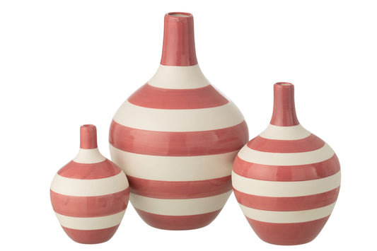 Set Of 3 Vase Striped Porcelain White/Pink
