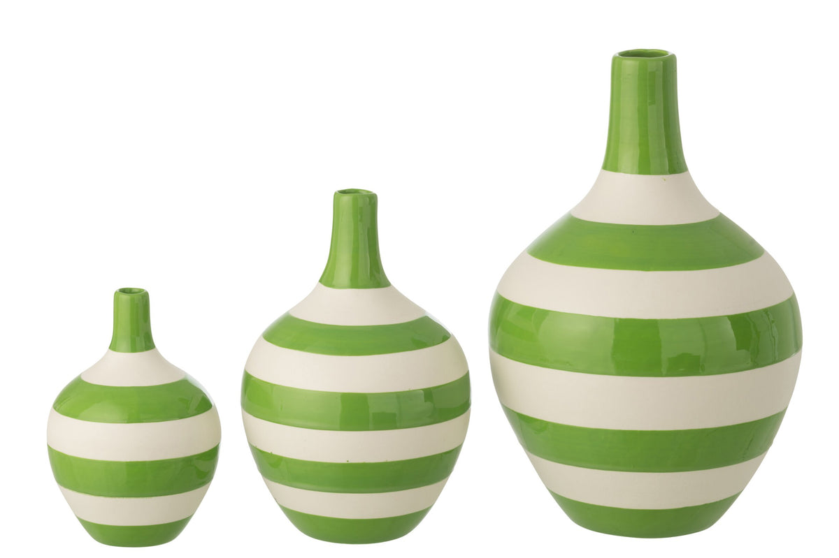 Set Of 3 Vase Striped Porcelain White/Green