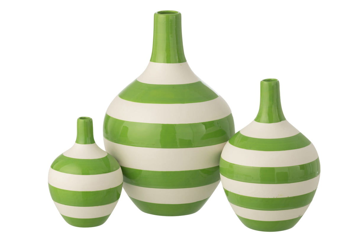 Set Of 3 Vase Striped Porcelain White/Green