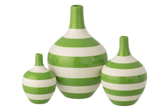 Set Of 3 Vase Striped Porcelain White/Green