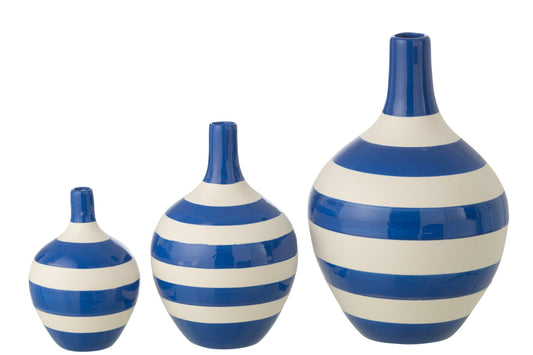 Set Of 3 Vase Striped Porcelain White/Blue