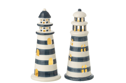 Lighthouse LED Striped Porcelain White/Blue Large Assortment Of 2