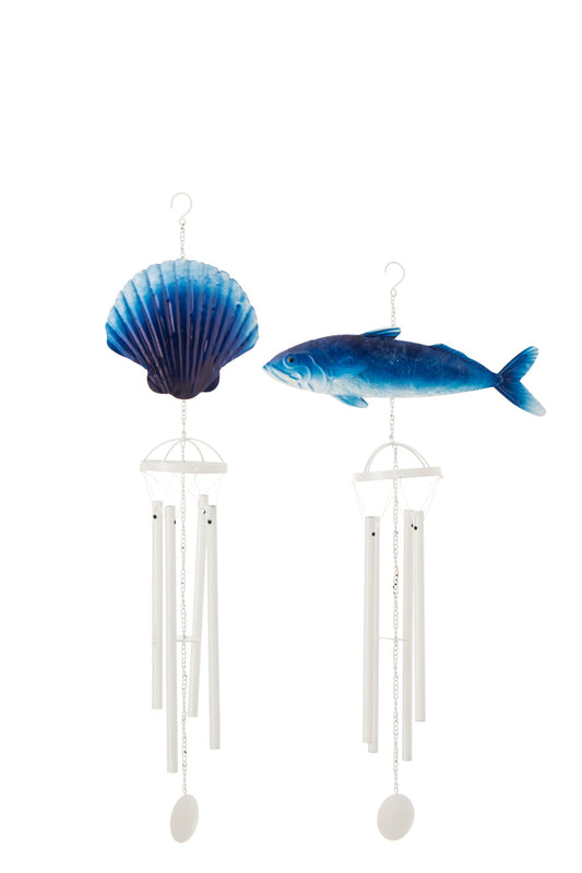 Wind Chime Fish/Shell Iron Blue/White Assortment Of 2