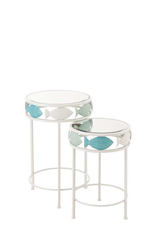 Set Of 2 Side Table Fish Iron Light Blue/White