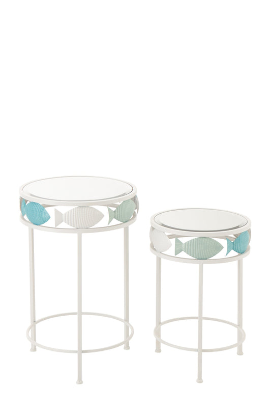 Set Of 2 Side Table Fish Iron Light Blue/White