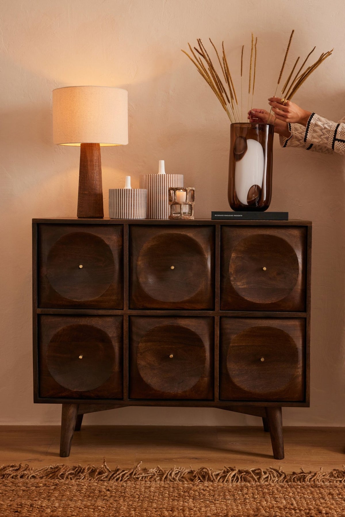 Chest Of Drawers Circle Design Wood Dark Brown