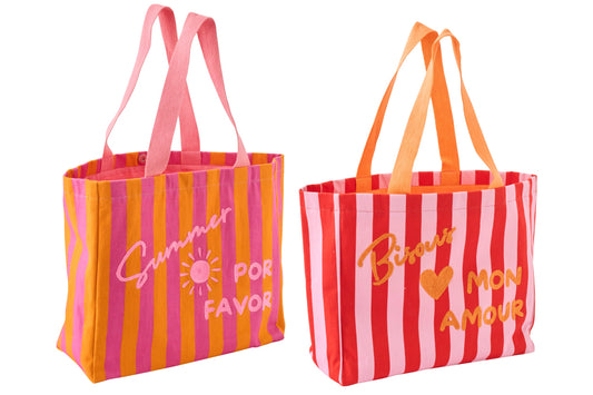 Strandtas zomer/Bisous gestreept katoen meerkleurig assortiment van 2