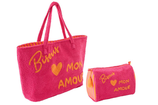 Set van 2 strandtas Bisous katoen roze/oranje