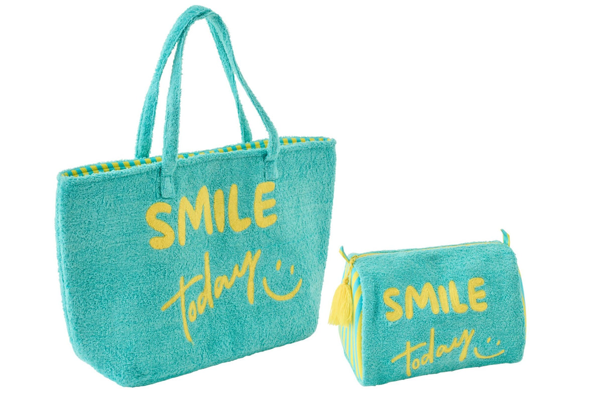 Set van 2 strandtas smile katoen turquoise/geel