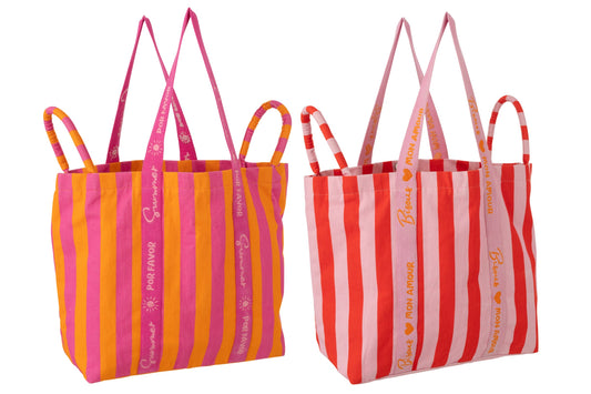 Strandtas zomer/Bisous gestreept katoen meerkleurig assortiment van 2