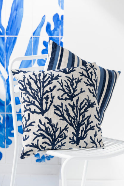 Cushion Coral/Stripes Square Polyester Blue/Off-White Assortment Of 3