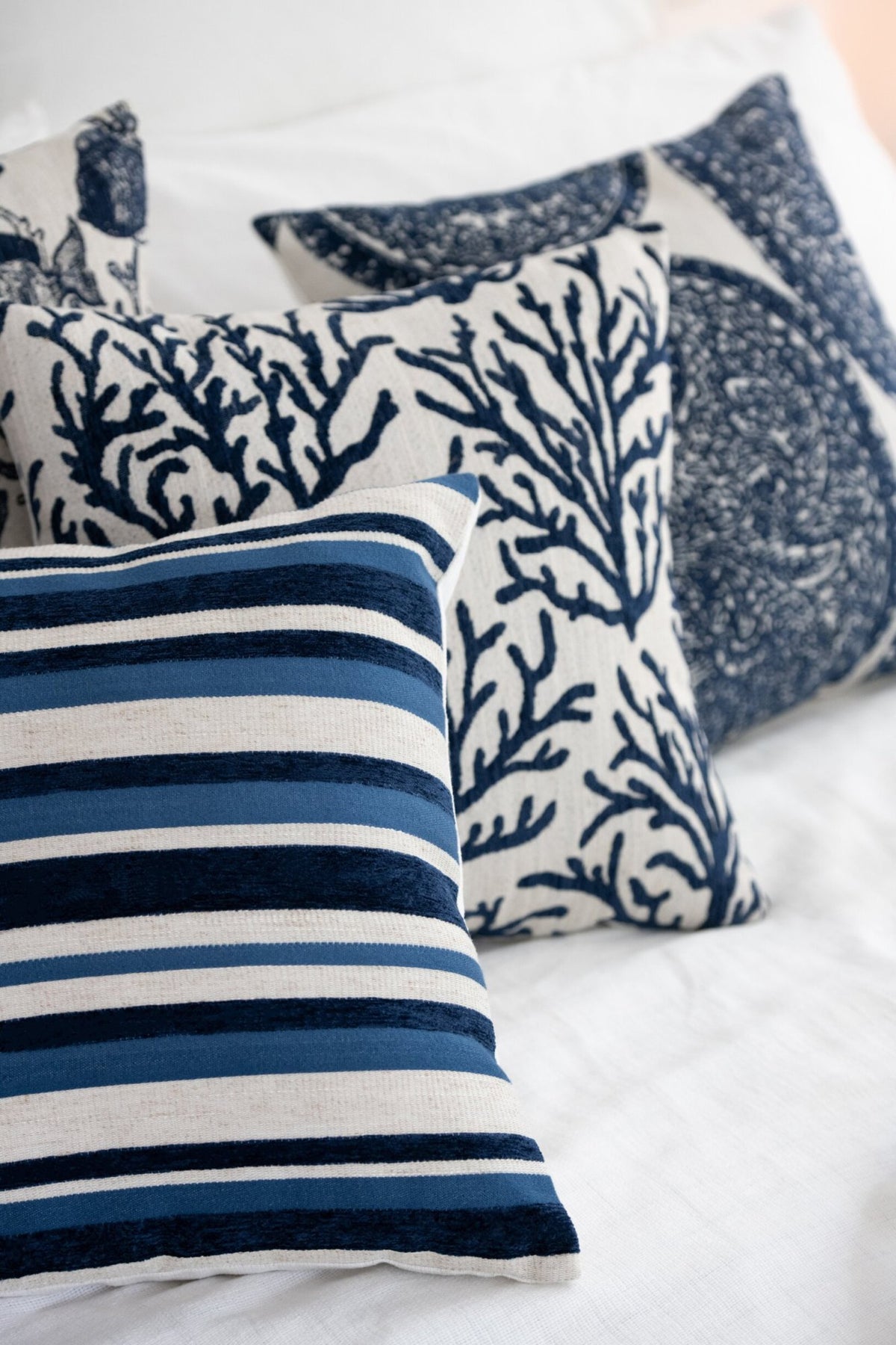 Cushion Coral/Stripes Square Polyester Blue/Off-White Assortment Of 3