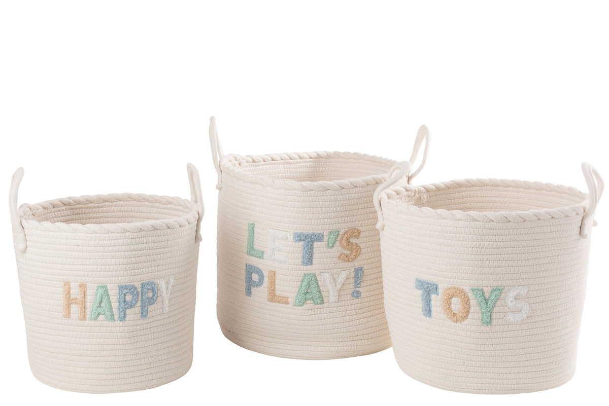 Set van 3 mand kinderen katoen wit/lichtblauw