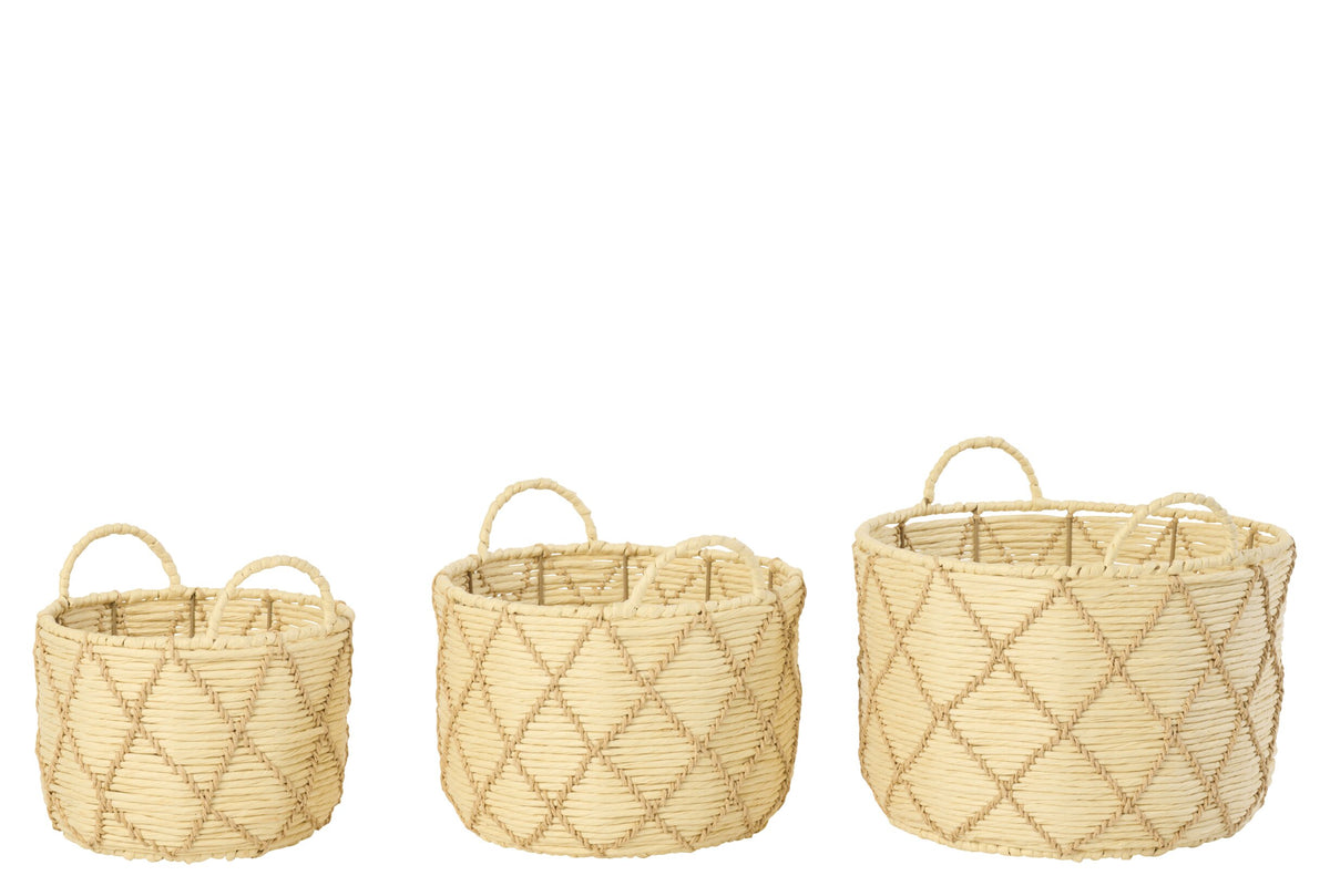 Set of 3 round baskets with handles, natural/beige checkered paper