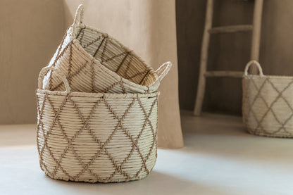 Set of 3 round baskets with handles, natural/beige checkered paper