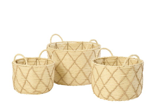 Set van 3 mand met handvat rond geruit papier naturel/beige