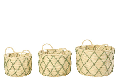 Set of 3 baskets with handles, round, checkered paper, natural/khaki green