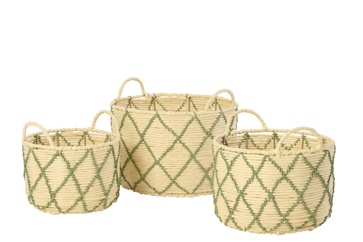 Set of 3 baskets with handles, round, checkered paper, natural/khaki green