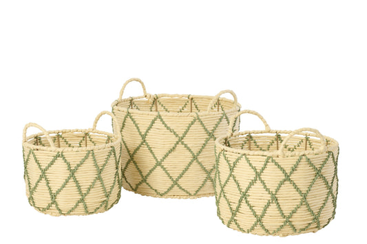 Set van 3 mand met handvat rond geruit papier naturel/kaki groen