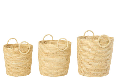 Set of 3 round natural wicker baskets with handles