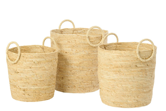 Set van 3 mand met handvat rond maïs naturel